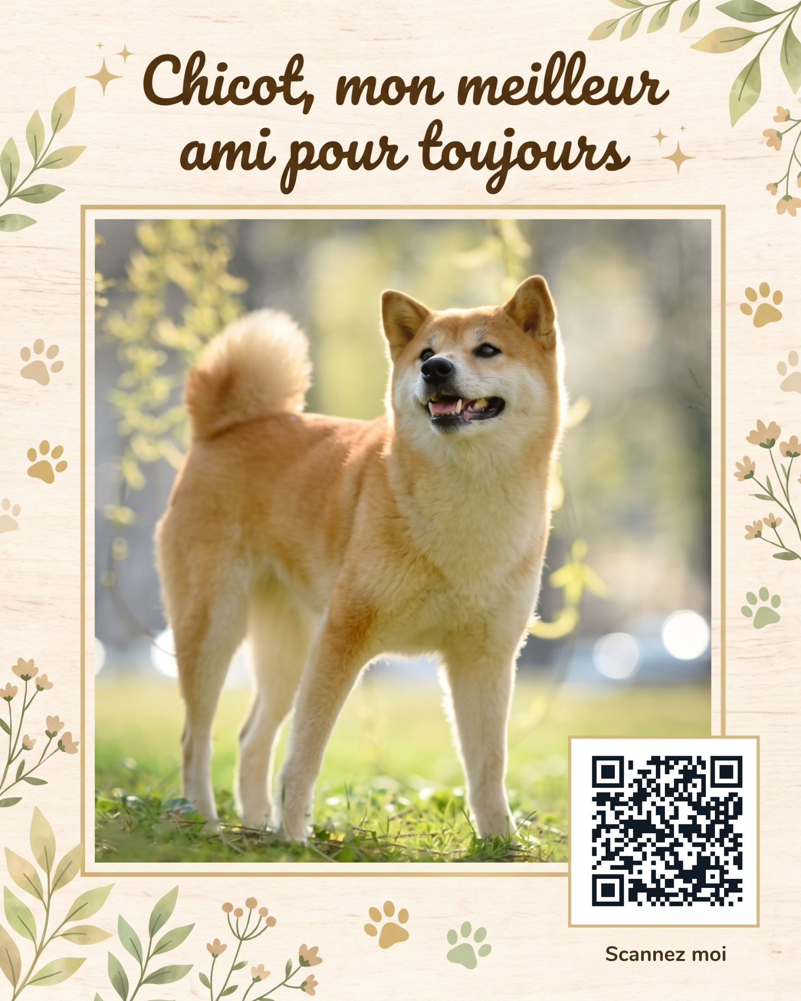 Exemple : photo du chien Chicot avec titre et code QR